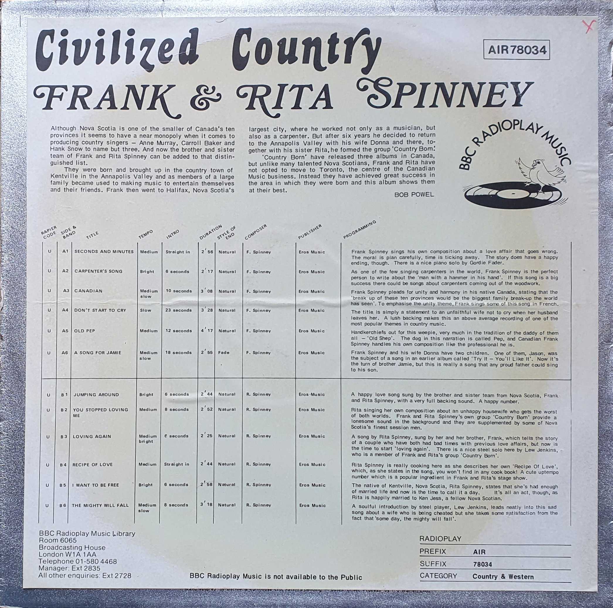 Picture of AIR 78034 Civilised country by artist F. Spinney / R. Spinney from the BBC records and Tapes library